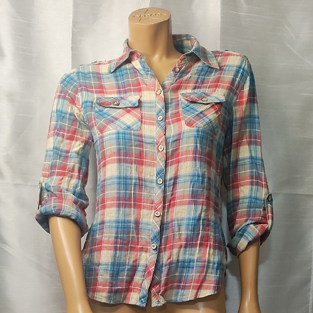 Anthropologie Women's  Pink and Blue 3/4 Sleeve Button Down‎ Shirt Size 00